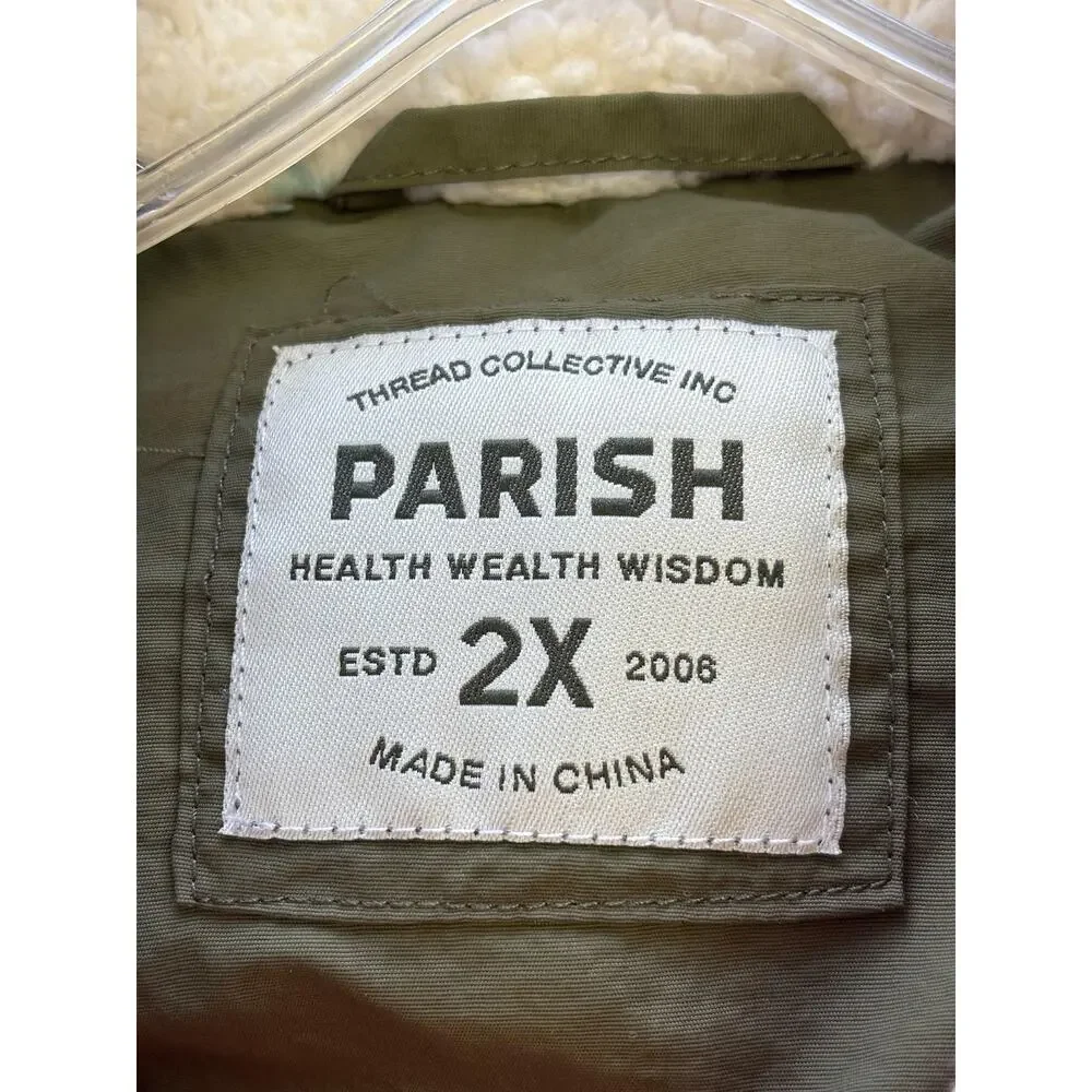 Parish Vest Mens 2XL Orange Green Puffer Sherpa Collar Embroidered Patches Logo